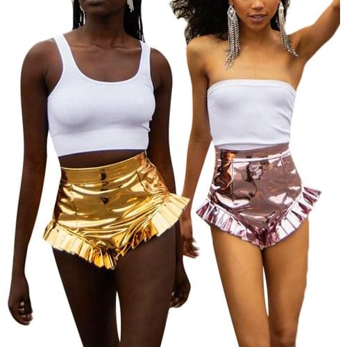 2021 Women Shiny Metallic Shorts Summer High Waist Solid Color Ruffle Trim Short Pants Summer Leather Shorts with Cuffs
