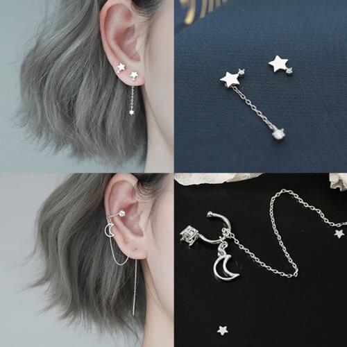 1 PCS Long Short Style Moon Star Stud Earrings For Women Korean Fashion Tassel Chain Pendientes Jewelry 2021 New Charm Female