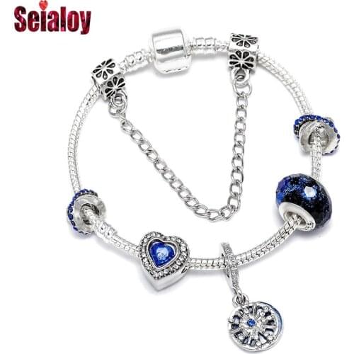 Seialoy Fashion Blue Crystal Glass Heart-shaped Beaded Shiny Starry Charm Bracelets For Women Original Silver Color Bracelet