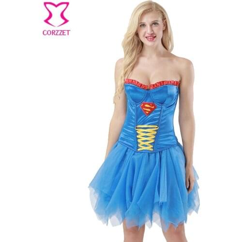 Blue Women Supergirl Cosplay Gothic Dress Victorian Party Corset Dresses Clubwear Corsets And Bustiers Sexy Burlesque Costumes