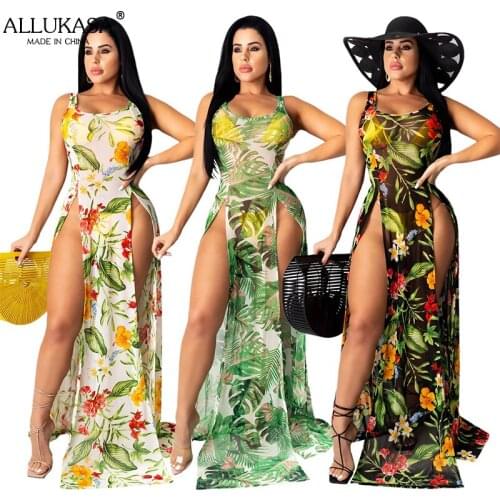 Allukasa Women Cover Up Dress Sexy Sleeveless Summer Floral Print Sundress Ladies Fashion Boho High Split Long Beachwear Dresses