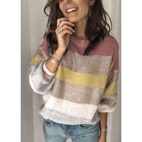 Women Casual Striped Patchwork Plus Size Sweater Pullover Autumn Winter Loose Ladies Tops O Neck Long Sleeve Knitted Sweater