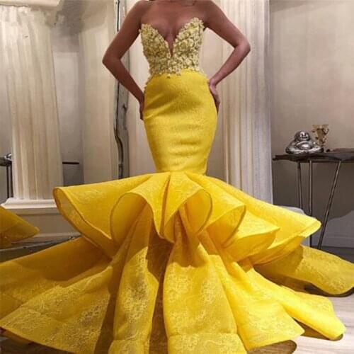 Vestidos de novia Yellow Mermaid Prom Dress Chic Sweetheart Lace Evening Dress CocktailParty Gowns Abiye Wear
