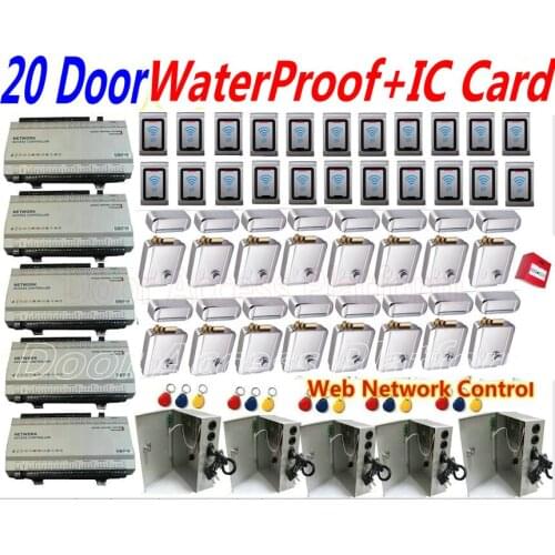 20 Door WaterProof Network TCP Access Controller Panel with 20 pcs Metal IC Card Reader+UPS Power+Electro Rim Controller Lock