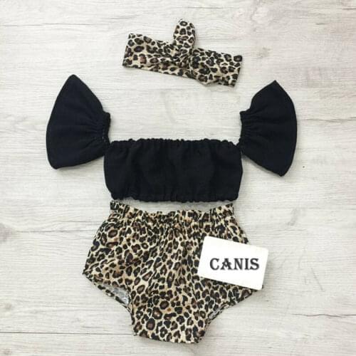 Newborn Baby Girl Off Shoulder Lace Top Leopard Shorts Headdress Outfits 3Pcs Clothes Set