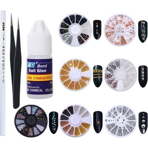 4pcs 3D Nail Rhinestones Stones Mixed Colorful DIY Design with Nail Tweezer Nail Glue Dotting Pen Crystals Nail Art Decoration