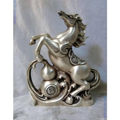 8" China Silver fine carved lucky beautiful calabash horse Sculpture Statue