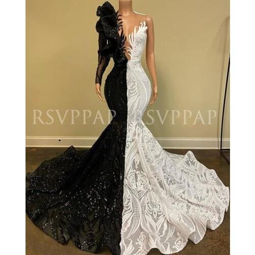 Black/White Mermaid Prom Dresses 2021 Designed Single Long Sleeve Ruffles Sparkly Sequin African Girl Prom Dress