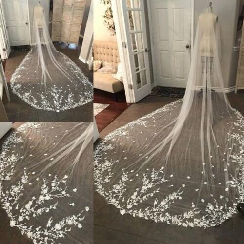 Long Bridal Veils Cathedral Wedding Veil Lace Flowers Appliqued Edge Luxurious Wedding Veils White Ivory licras d mujer blanca