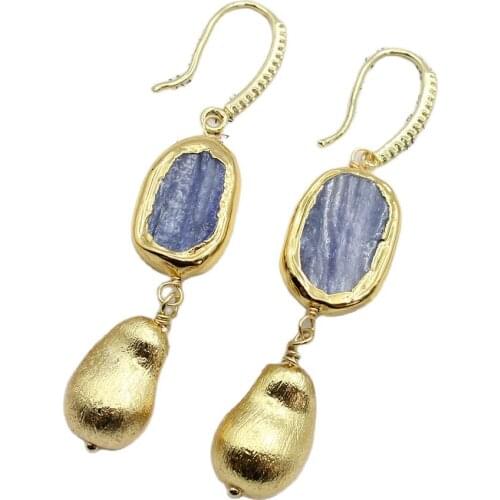 GG Jewelry Natural Kyanite Real Stone Gold Plated Egg Brushed Beads Dangle CZ Pave Hook Earrings For Women Lady Gifts Jewelry