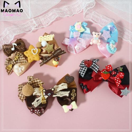 Hand Made Lolita Side Clip Bow Chocolate Strawberry Bear Headdress Hair Accessories