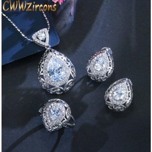 CWWZircons Vintage Women Jewelry Set Hollow Out Design Pear Drop Cubic Zirconia Necklace Earring And Ring 3Pcs Sets T265