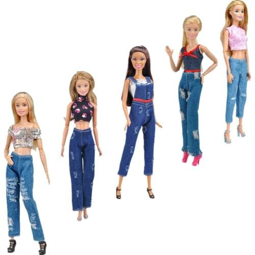 Cosplay 11.5" Doll Outfits Set For Barbie Clothes Jeans Jumpsuit Trousers Ripped Denim Pants Crop Top 1/6 BJD Accessory Kids Toy