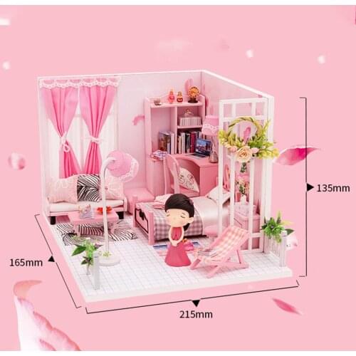 Dollhouse with Furniture w/ LED Light & Dustproof Case Wood Pink Cottage Creative Room 3D Puzzles Doll House Model Gift