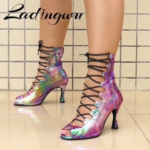 Ladingwu Dance Shoes Salsa Dazzling Snake Dance Boots For Women Latin Dance Shoes Ballroom Dance Shoes Customizable outdoor sole