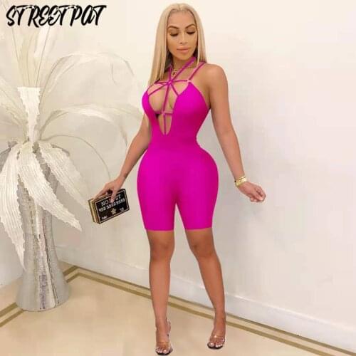 Summer Sexy Black Jumpsuit Women Romper Shorts Bodycon Bandage Backless Catsuit One Piece Outfit Club Playsuit Femme 2021