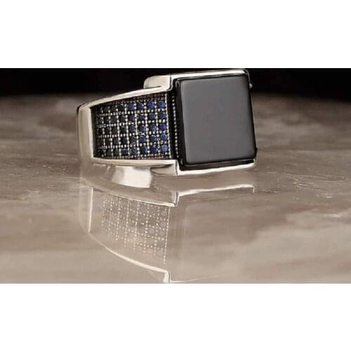 Turkish Jewelry Square Black Ring Men 925 Silver Mens Rings Natural Agate Stone Vintage Cool Fashion