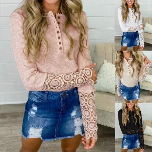 European and American autumn lazada top sexy solid color hollow button lace top