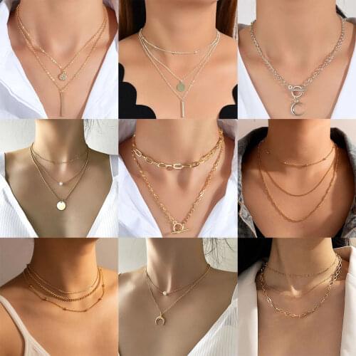 Boho Simple Imitation Pearl Round Sequins Moon Butterfly Rose Flower Pendant Necklace Women Gold Metal Girls Jewelry Necklaces