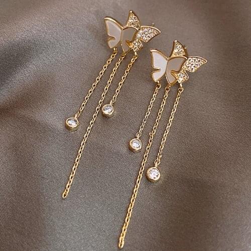 Rinhoo Charm Butterfly Moon Star Five-pointed Star Round Ball Long Tassel Rhinestone KC Gold-plated Earrings Female Fashion Gift