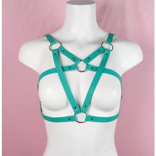 Sexy Pentagram Women Harness Top Green PU Leather Sword Belt Suspenders Size Adjustable Chest Bra Cage Party Festival Clothes