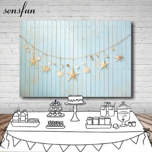 Sensfun Light Blue Wood Backdrop For Photo Studio Starfish Shell Summer Baby Photo Background 7x5FT Vinyl