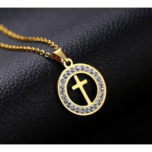 SONYA New JESUS Cross Necklaces& Pendants For Women Stainless Steel Gold Color Round Pendant Necklaces Prayer Jewelry Bijoux
