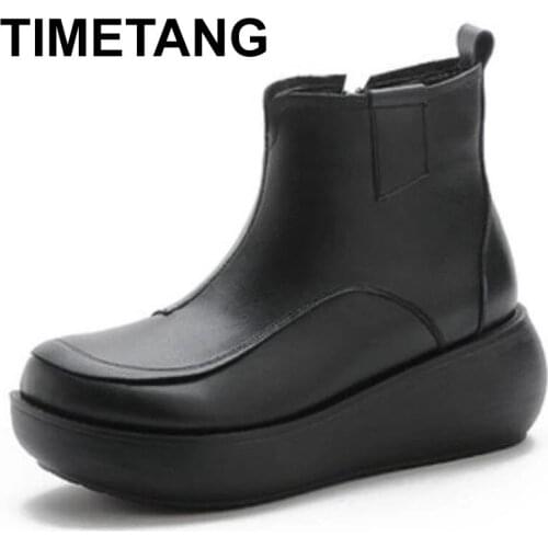 TIMETANG 2021Fall Retro Genuine Leather Flat Platform Boots For Women High Heel 5.5CM Thick Sole Winter Warm Plush Boots Women
