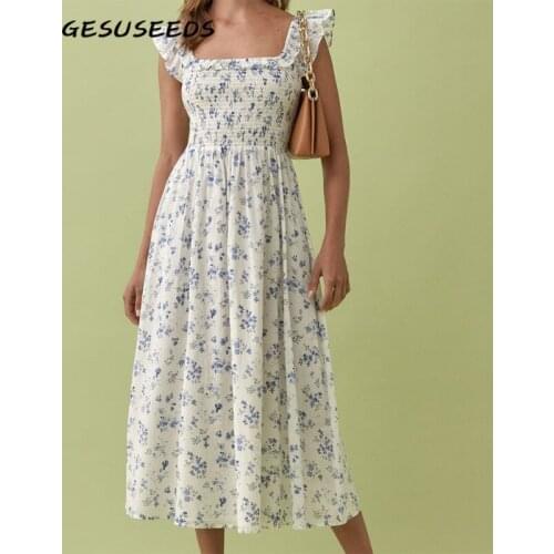 Vintage floral dress women summer midi dresses white ruffle dress square neck chiffon dresses women 2021 boho dress party ruched