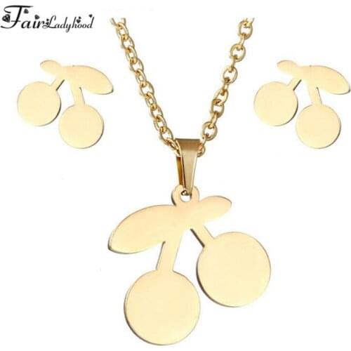 Fairladyhood Cherry Sweater Chain Necklace and Cherry Earrings Custom Stainless Steel Jewelry Set