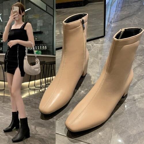 2021 New Autumn Fashion Side Zipper Female Ankle Boots Chelsea Sexy Boots Pu Leather High Heels Pointed Toe Female Casual Boots