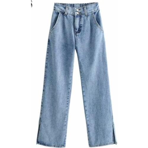 2021 New Hight Waist Jeans Woman Blue Straight Denim Pants Side Split High Street Female Trousers