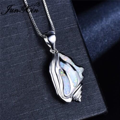 Ocean Conch Pendant Blue White Fire Opal Necklaces For Women Rainbow Birthstone Shell Necklace Female Silver Color Choker