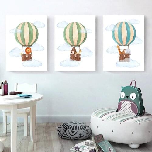 Animal Hot Air Balloon Cloud Canvas Painting Nursery Wall Art Print Bear Giraffe Lion Poster Nordic Wall Picture Kids Room Decor
