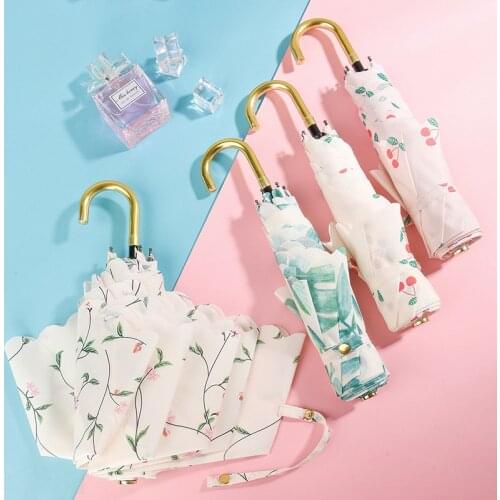 Cherry umbrella female fold umbrellas fresh style pocket parasol girl sun umbrella rain women Windproof Creative flower floral