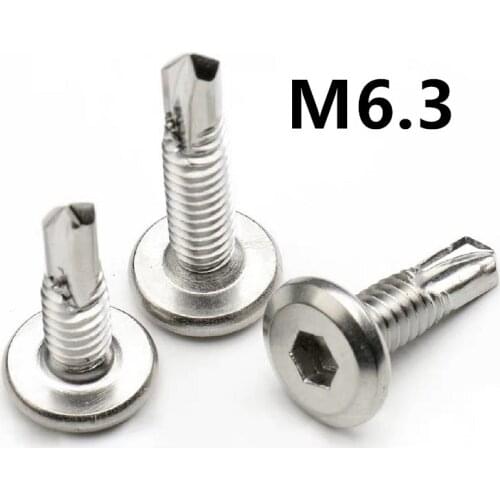 100Pcs M6.3x16/19/25mm 410 Stainless steel Flat Head Hex Self-tapping Screws Drilling Tail Screw