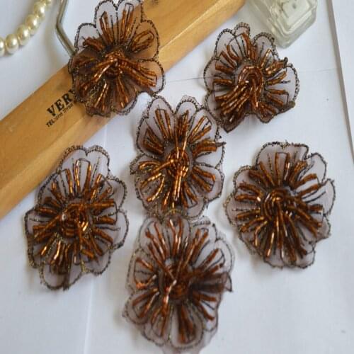 2pc/lot)Free shipping New Arrival beads Wedding Dress Decorated brown 3D Organza Flower Applique Sew On Lace Patches-041002