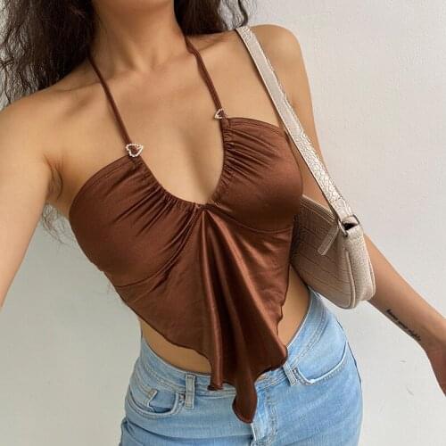 2021 Vintage Sexy Strappy Brown Y2K Halter Crop Top Women Summer Backless Cami Tops Tees Ladies Fashion Fitness Camisole Party
