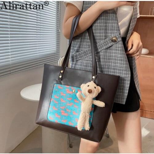 Alirattan New Printed PU Leather Shoulder Bag For Women Fashion Design Luxury Travel Vacation Shopping Bag High Quality Tote Bag