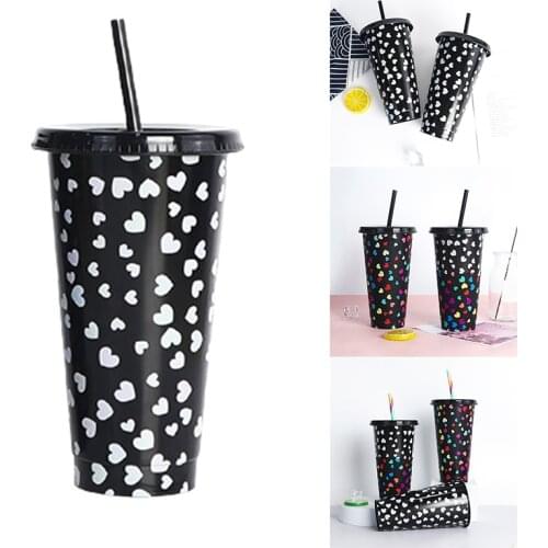 Hot Sale Color Changing Cups with Lids and Straws Reusable BPA Free Cold Drink Cups Heart Shape Pattern for Kids Drinkware Mugs