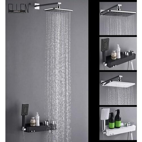 ELLEN Hot Cold Bathrooom Shower Set Black Shelf Shower Faucts with Hand Shower Wall Mounted Shower Mixer Tap EL9268
