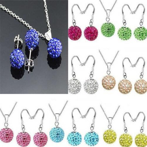 Jewelry Gift Set Necklace + 1Pair Ear s jewellery necklack Top Quality Silver Color Austria Crystal Disco Ball Necklace Earring