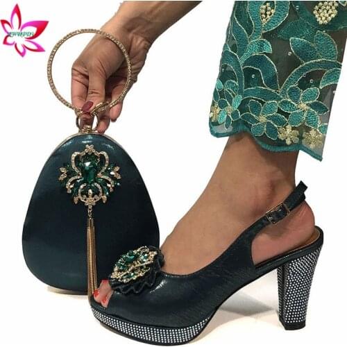 Special Design Italian Shoes With Matching Bags Set African Womens Party Shoes and Bag Sets Dark Green Women Sandals And Bag
