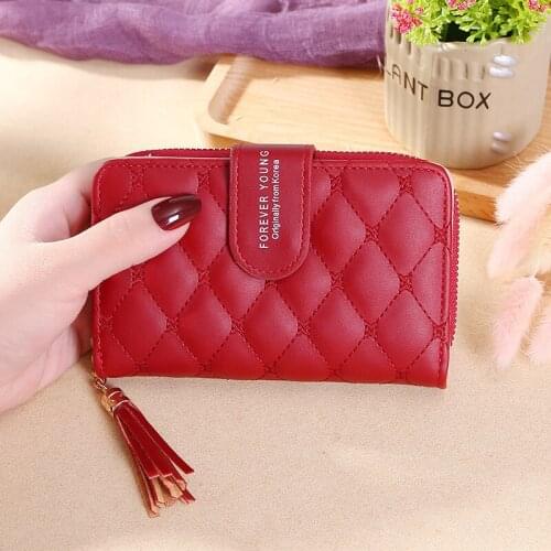 New Women Short Solid Color Wallet Rhombus Soft Leather Female Purse Tassel Zipper Buckle Ladies Fashion Large Capacity Clutch