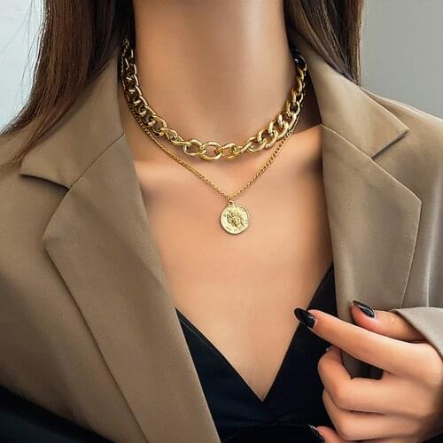 Fashion Vintage Multi-layer Portrait Necklaces For Women Gold Metal Geometric Hanging Necklaces 2021 Trend Female Party Jewelry
