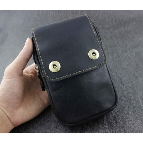 Men Vintage Genuine Leather Small Waist Belt Pack Fanny Bag Purse Black