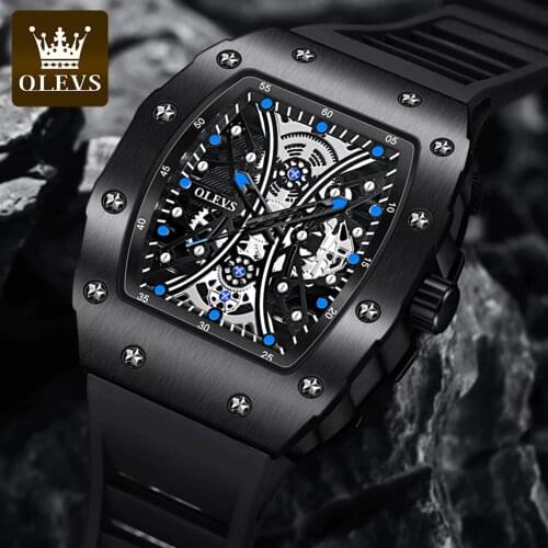 OLEVS Tonneau Design Men Watch Quartz Waterproof Stainless Steel Mechanical Hollow 3D Dial Luxury Metal Wire Drawing Man Clock