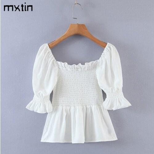 MXTIN 2020 Women Spring Vintage Ruffle White Cropped Blouses Fashion Square Collar Short Sleeves Female Shirts Blusas Cute Tops