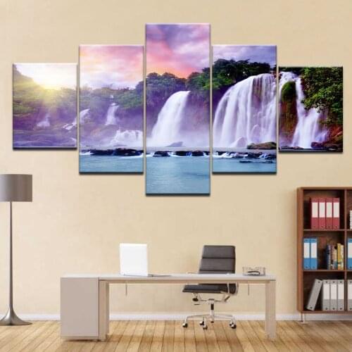 Canvas Painting Wall Art Living Room Decor 5 Piece Sunshine Waterfall Lake Natural Landscape Poster HD Prints Pictures Framework