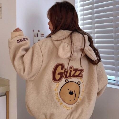 2021 Autumn Winter Zip-up Sweet Hoodies Bear Letter Embroidery Print Loose Lamb Wool Coat Hooded Japanese Cute Casual Sweatshirt